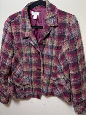 Christopher & Banks Burgundy Plaid Tweed Blazer Jacket